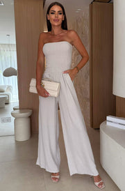 Tegan Shirred Bandeau Cotton Gauze Style Wide Leg Jumpsuit-Stone