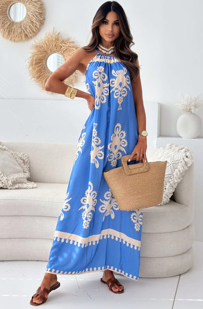 Tina Abstract Patterned Maxi Dress-Blue