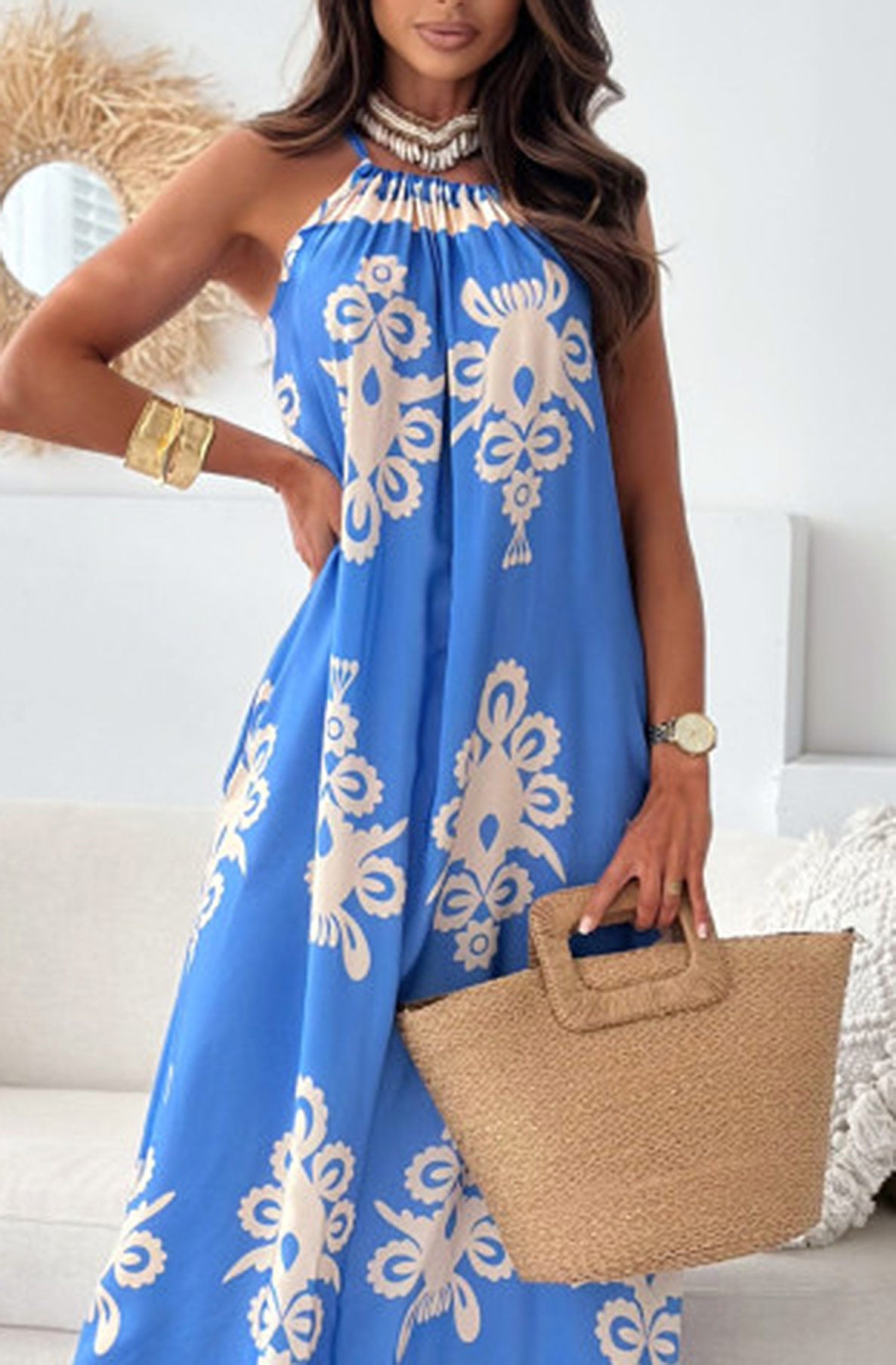 Tina Abstract Patterned Maxi Dress-Blue