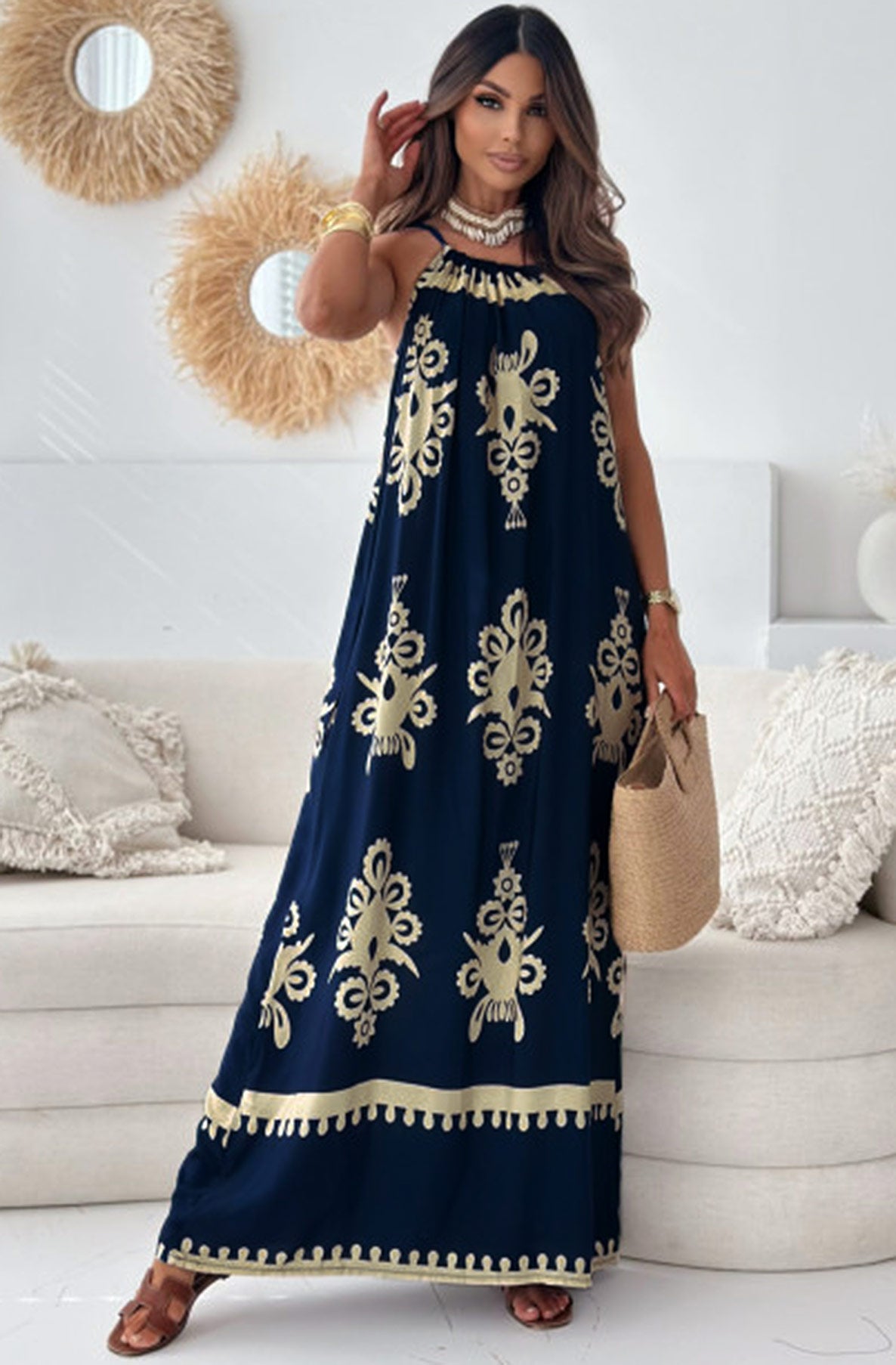 Tina Abstract Patterned Maxi Dress-Navy