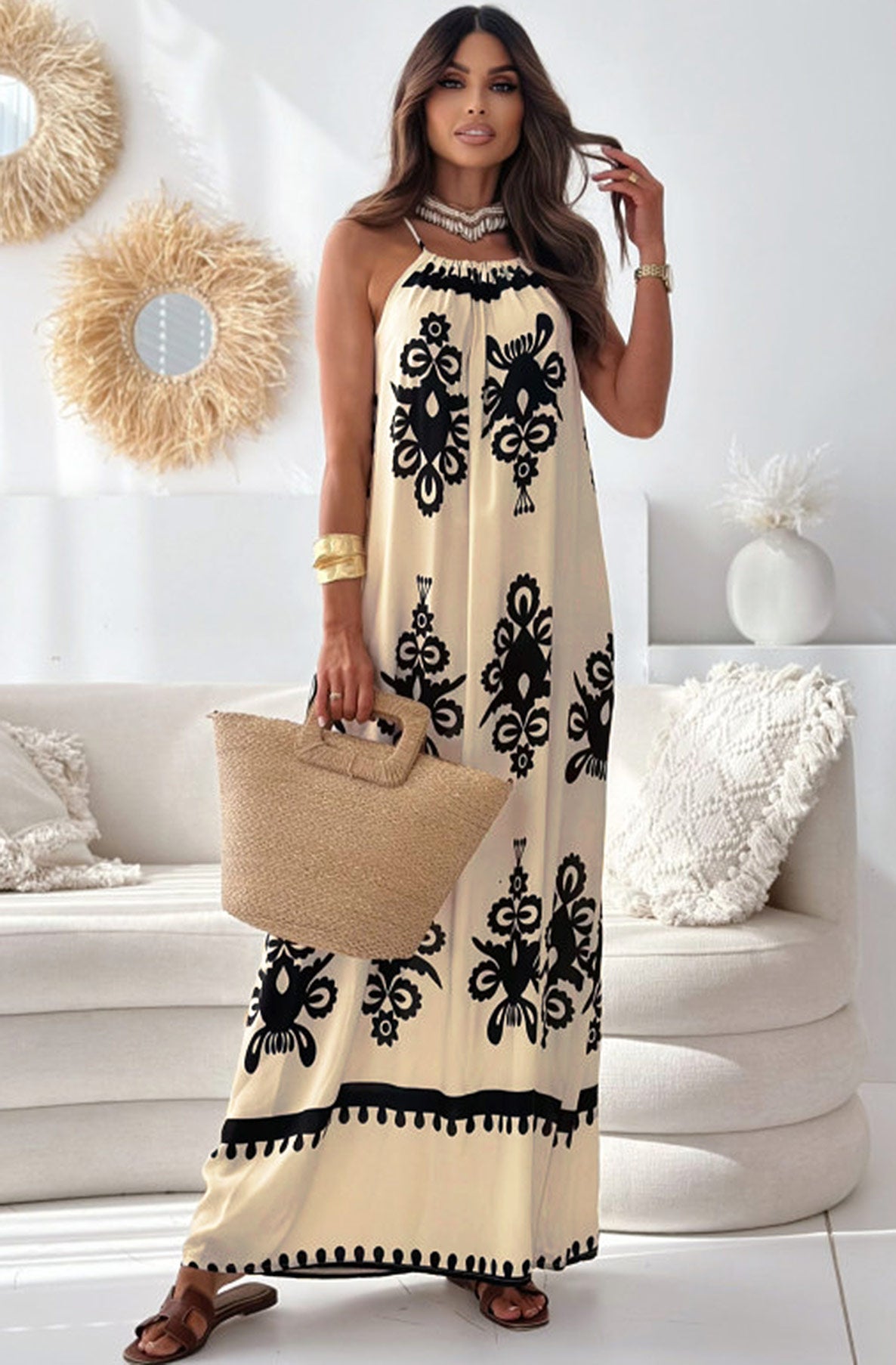 Tina Abstract Patterned Maxi Dress-Stone