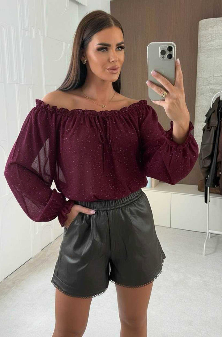 Tova Shimmer Off Shoulder Chiffon Blouse Top-Wine