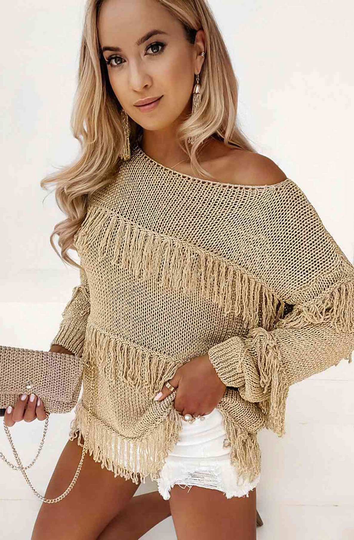 Trina Tassel Fringe Shimmer Top-Gold