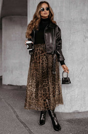 Trissy Layered Animal Print Mesh Midaxi Skirt-Brown