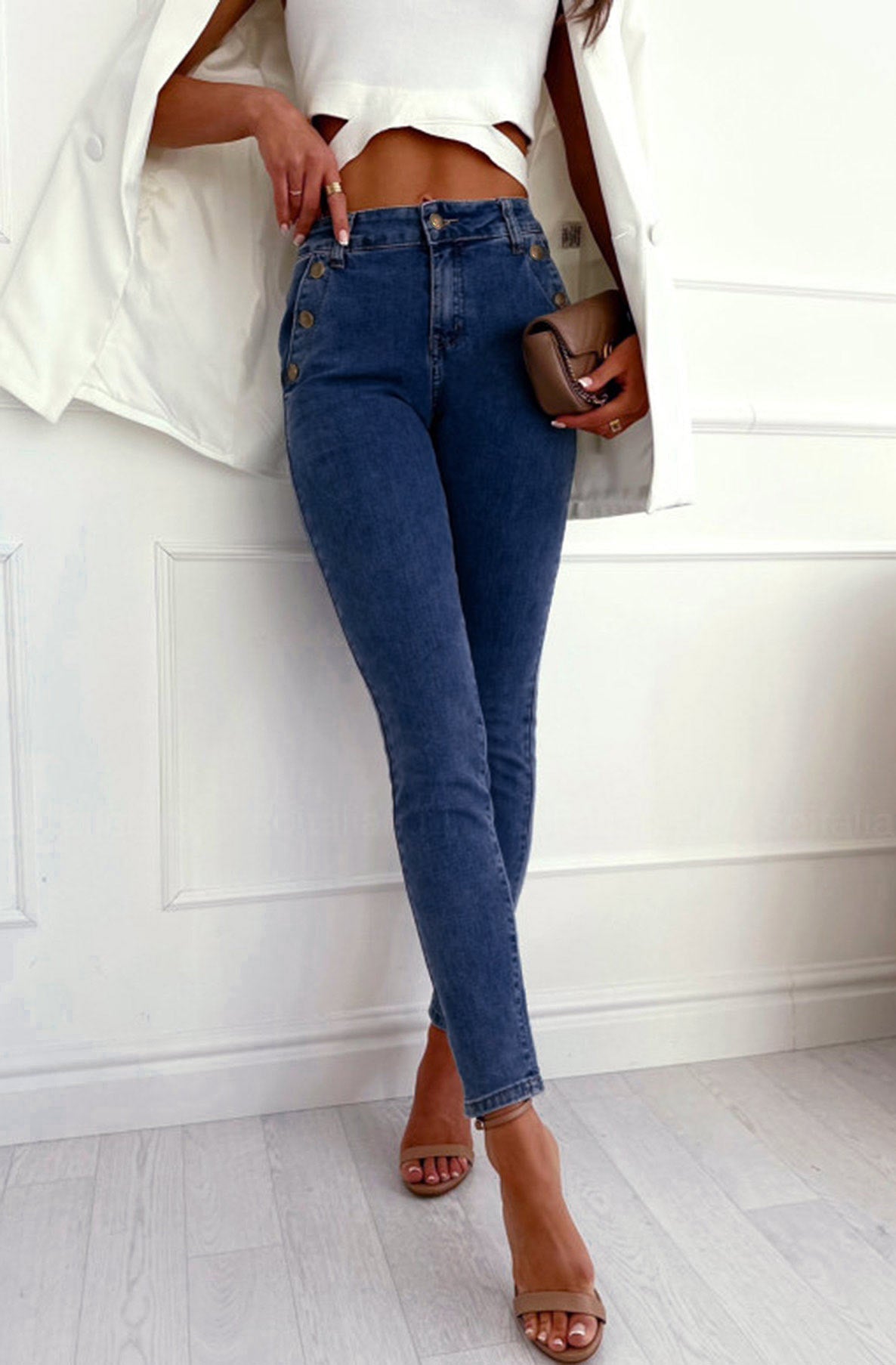 Trixie Button Detail Skinny Jeans-Blue
