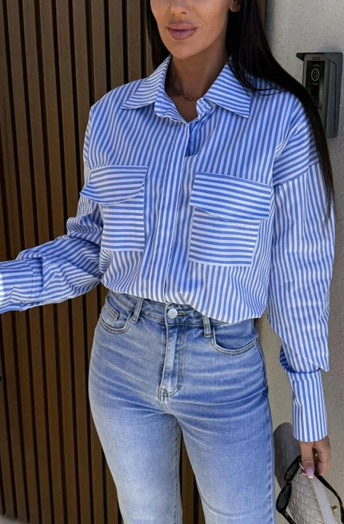 Valeria Striped Pocket Detail Blouse Shirt Top-Blue