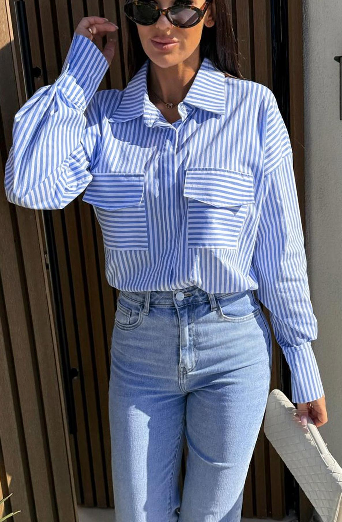 Valeria Striped Pocket Detail Blouse Shirt Top-Blue