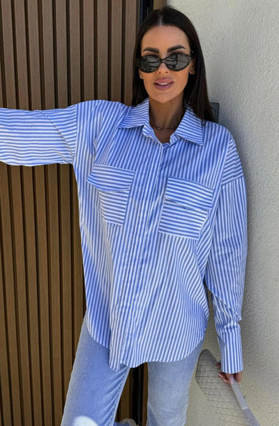 Valeria Striped Pocket Detail Blouse Shirt Top-Blue