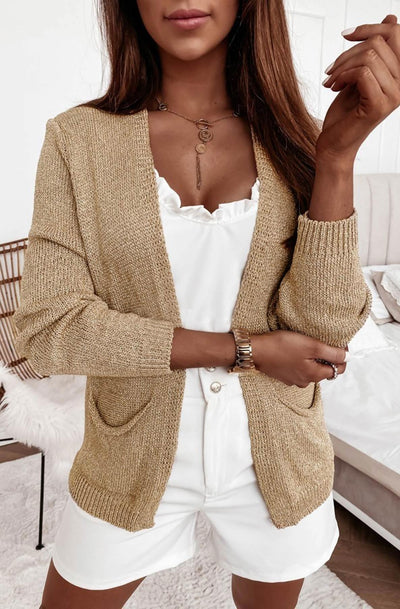 Vanya Open Front Shimmer Cardigan-Gold