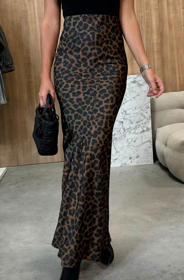 Vera Satin Leopard Maxi Skirt-Dark Brown