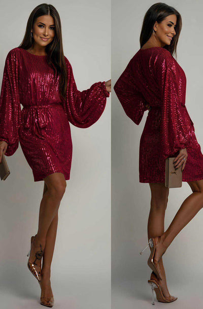 Verenna Sequin Batwing Belted Mini Dress-Wine