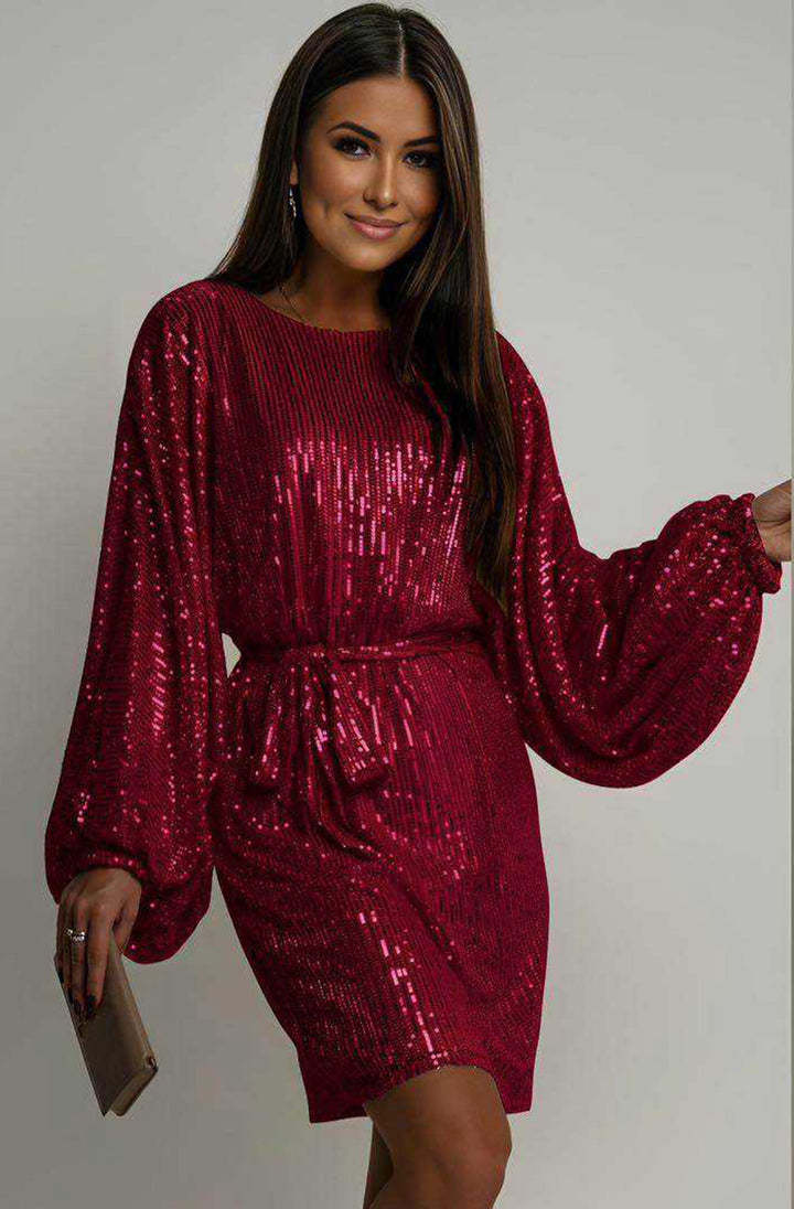 Verenna Sequin Batwing Belted Mini Dress-Wine