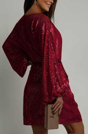 Verenna Sequin Batwing Belted Mini Dress-Wine