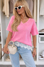 Verine Alpaca Blend Lace Hem V-Neck Light Knitted Jumper Sweater-Pink