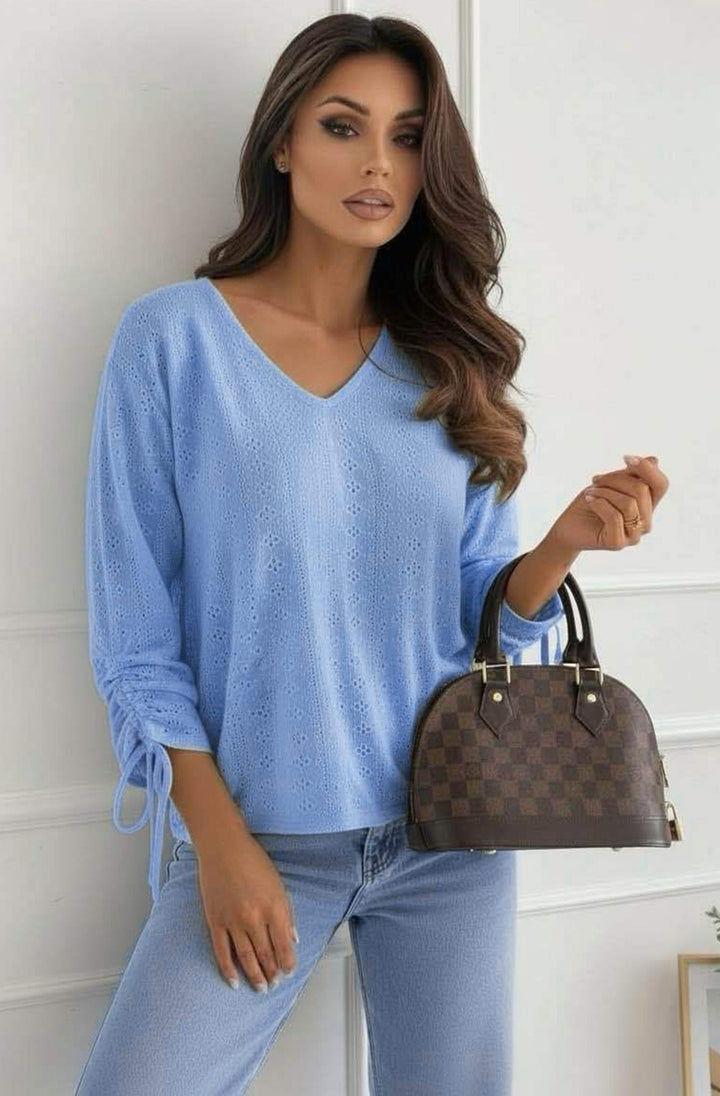 Vesi Openwork V Neck Blouse Top-Sky Blue