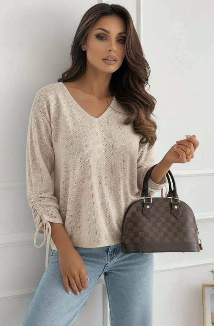 Vesi Openwork V Neck Blouse Top-Stone