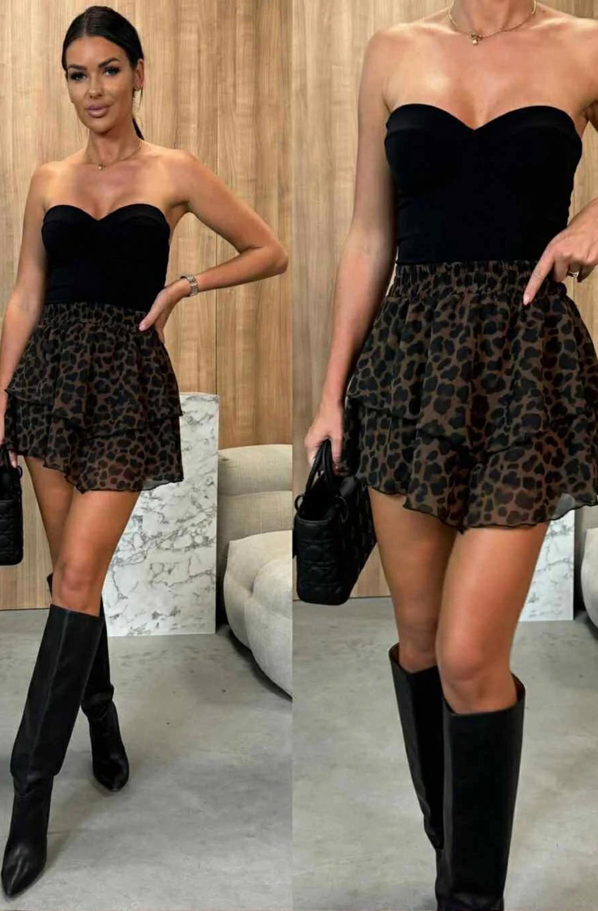 Vicky Leopard Ruffle Mini Skirt-Brown