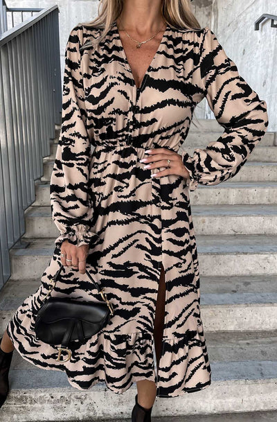 Vionara Animal Print Long Sleeve Viscose Dress-Stone
