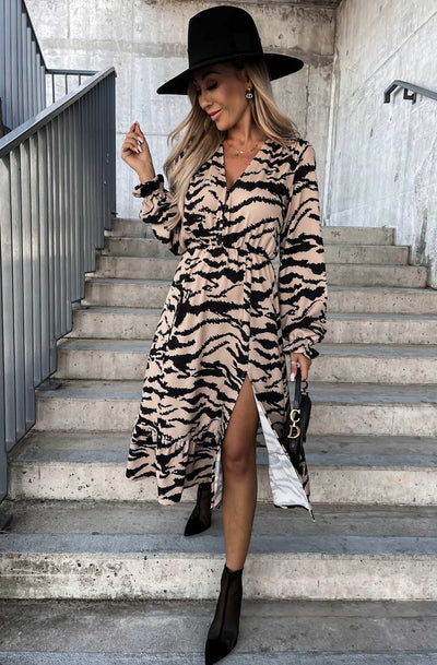 Vionara Animal Print Long Sleeve Viscose Dress-Stone