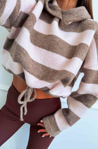 Vionelle Striped Hooded Alcapa-Blend Knit Sweater-Pink