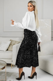 Vivi Sequin Velvet Flared Midi Skirt-Black