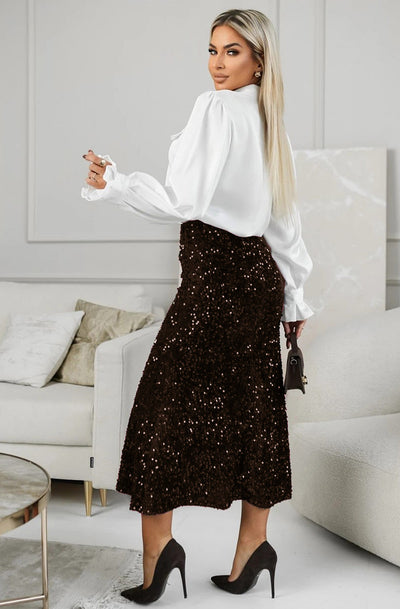 Vivi Sequin Velvet Flared Midi Skirt-Brown