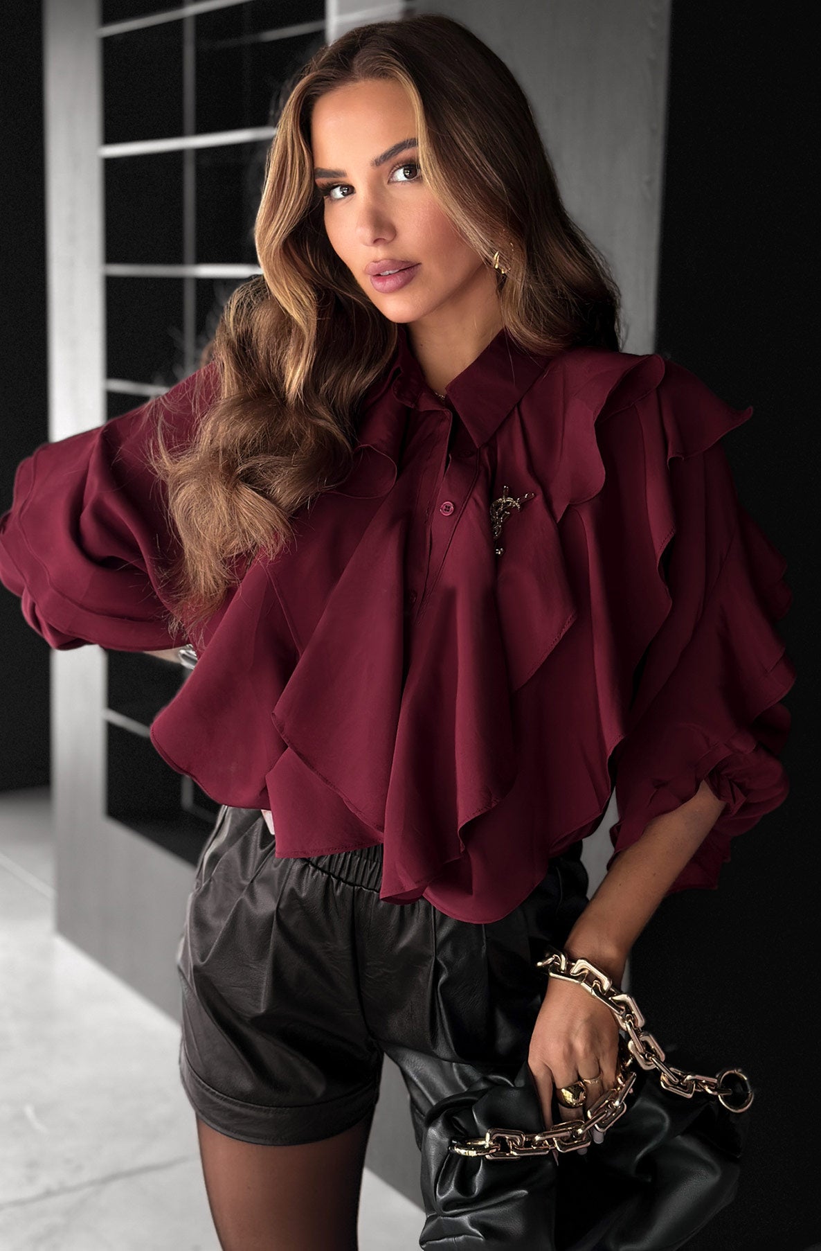 Whitney Ruffle Layered Shirt Blouse-Wine