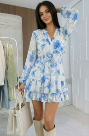 Willow Floral V-Neck Overlay Frill Mini Dress-Blue