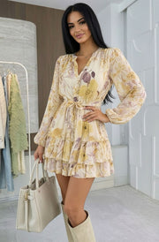 Willow Floral V-Neck Overlay Frill Mini Dress-Yellow