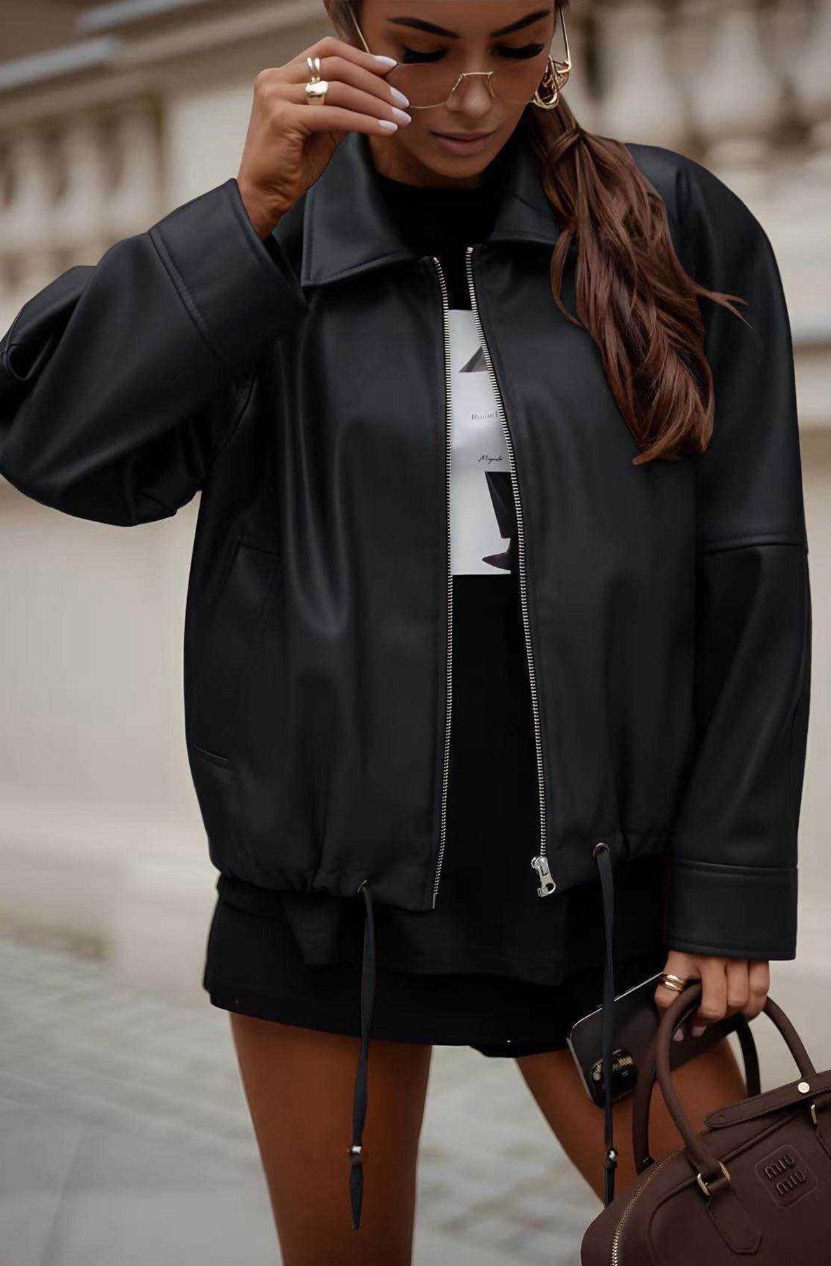 Windy PU Faux Leather Zip Jacket-Black