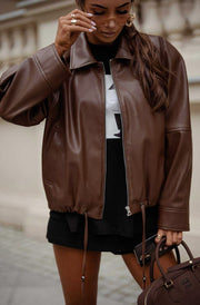 Windy PU Faux Leather Zip Jacket-Brown