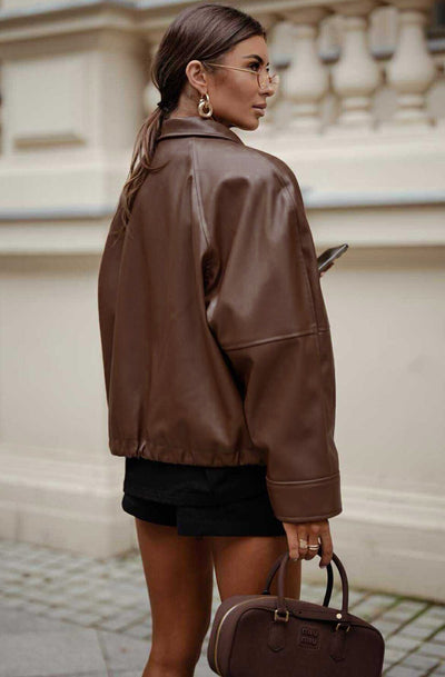 Windy PU Faux Leather Zip Jacket-Brown