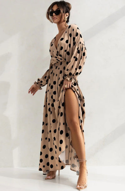 Yania Chiffon Wrap Side Slit Maxi Dress-Mocha