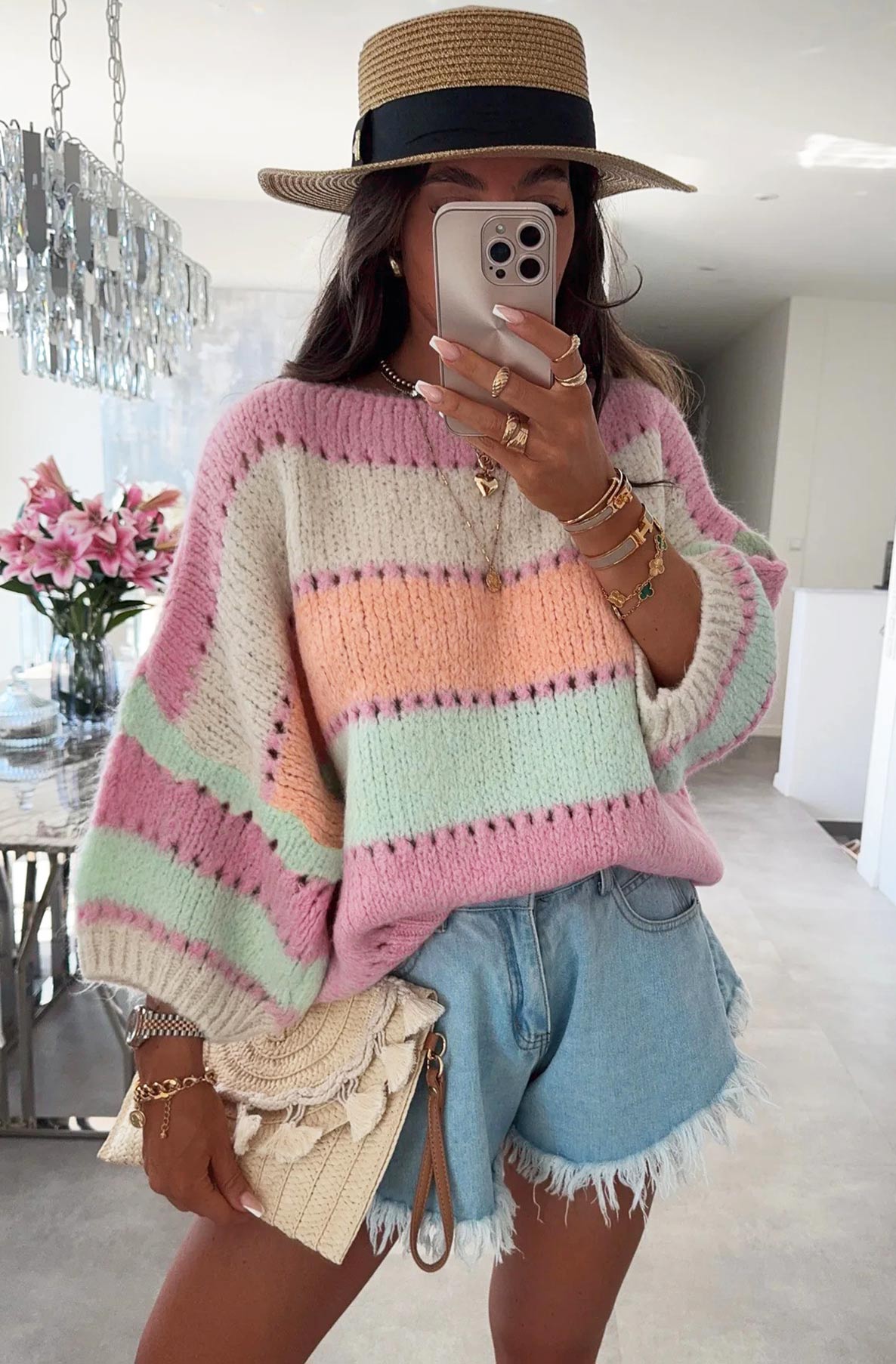 Yanika Block Contrast Light Knitted Jumper-Pink