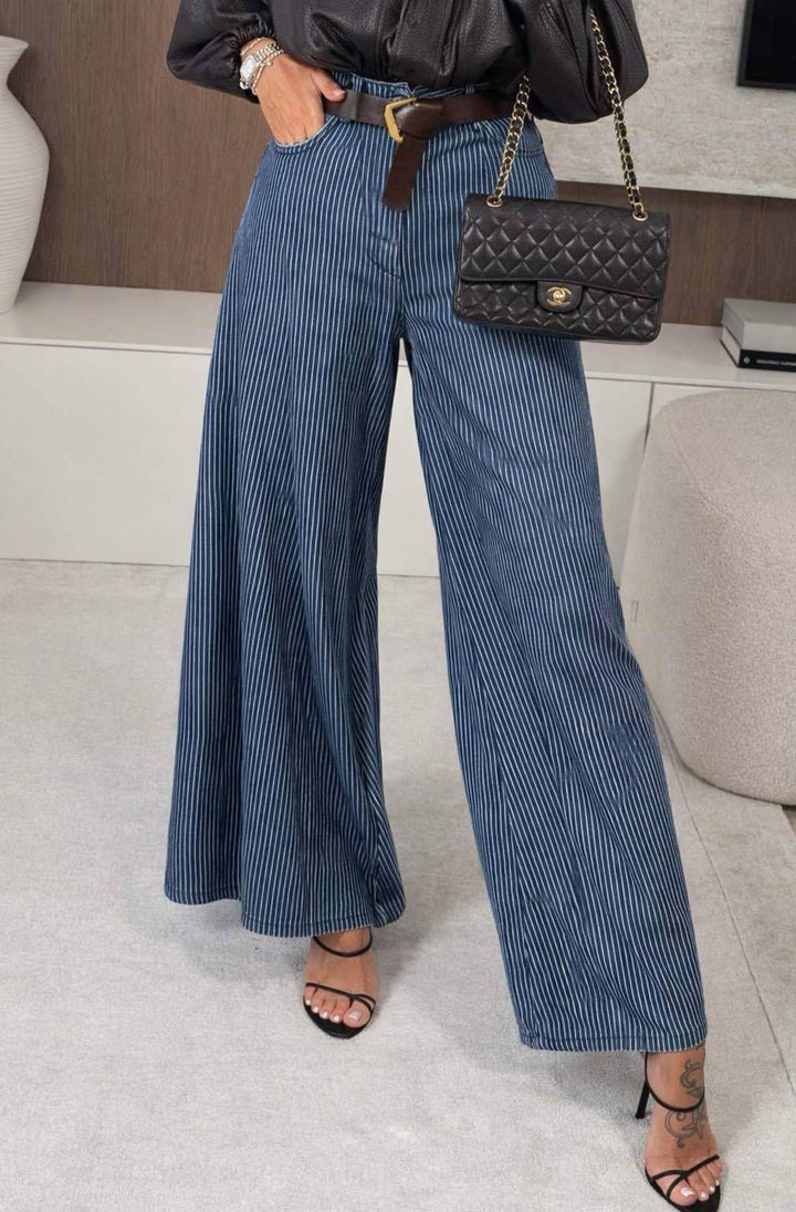 Yerin Striped High Waisted Belted Pocket Palazzo Trousers-Navy