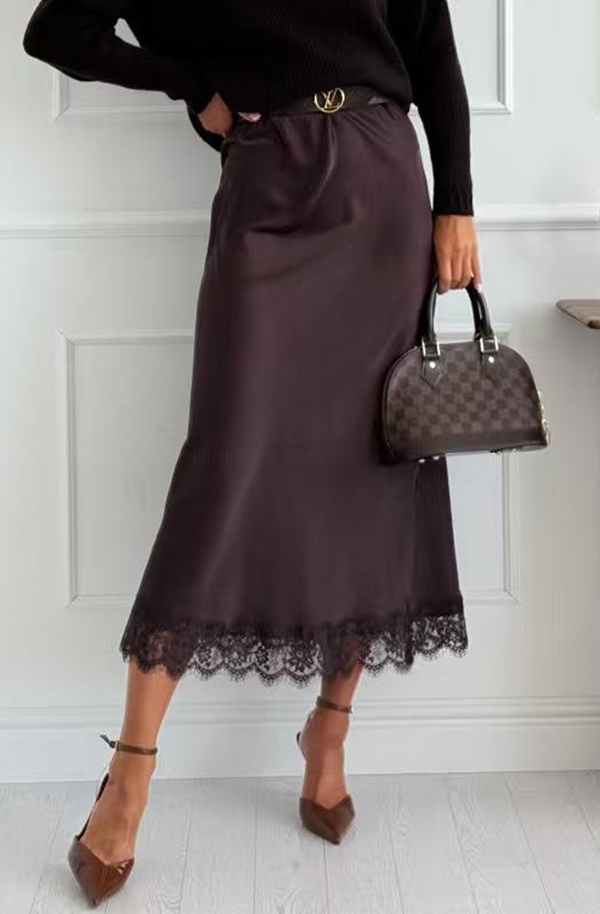 Zabrina Satin Lace Trim Midi Skirt-Chocolate