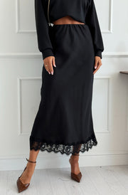Zabrina Satin Lace Trim Midi Skirt-Black