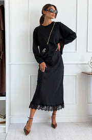 Zabrina Satin Lace Trim Midi Skirt-Black