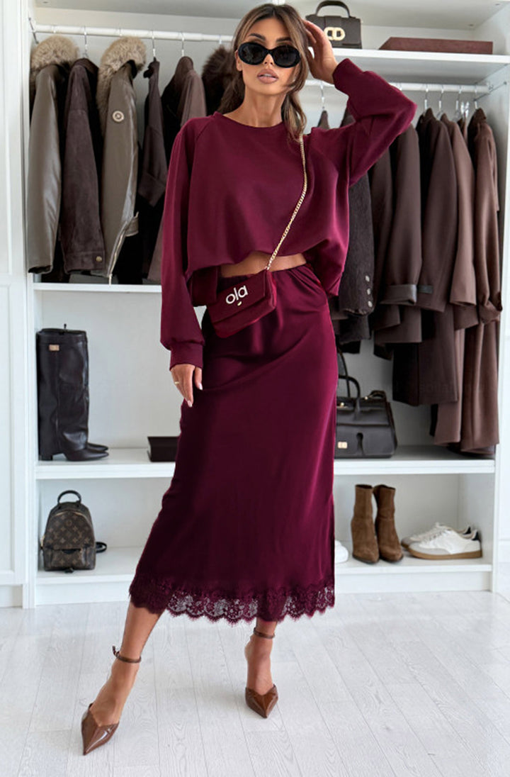 Zabrina Satin Lace Trim Midi Skirt-Wine