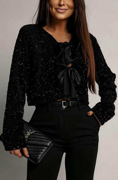 Zafira Sequin Bow Tie Cropped Blouse Top-Black