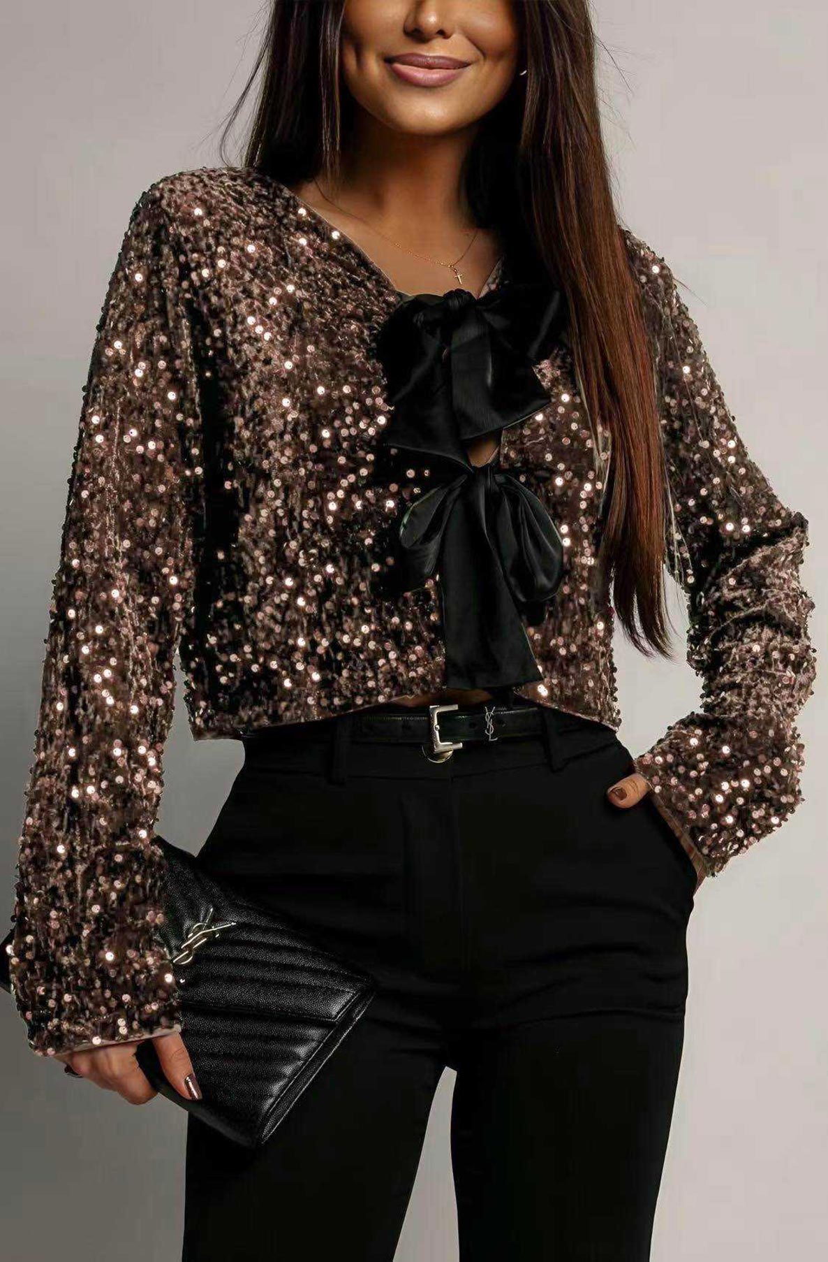 Zafira Sequin Bow Tie Cropped Blouse Top-Brown
