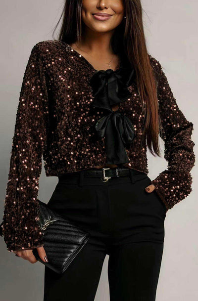 Zafira Sequin Bow Tie Cropped Blouse Top-Brown