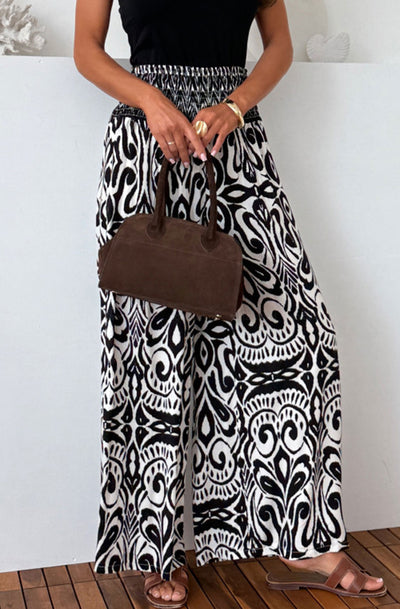 Zaika Damask Swirl Print Wide Leg Trousers-Black