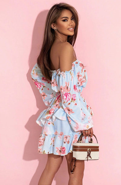 Zandra Tiered Floral Bardot Dress-Sky Blue