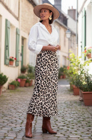 Zara Satin Leopard Print Maxi Skirt-Stone