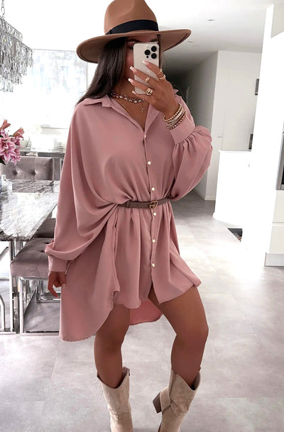 Zavana High Low Shirt Dress-Dusty Pink