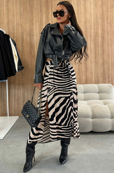 Zelda Zebra Patterned Side Slit Midaxi Skirt-Stone