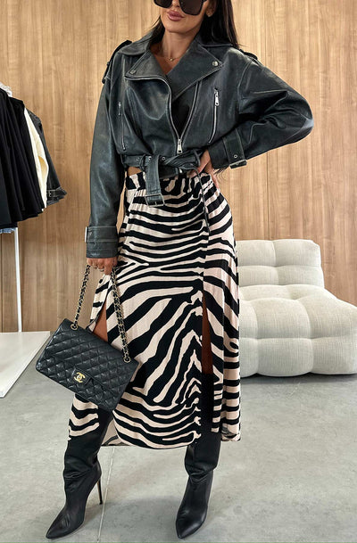 Zelda Zebra Patterned Side Slit Midaxi Skirt-Stone