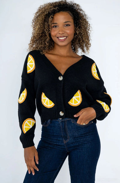 Zelia 'Orange' Applique Embroidered Knitted Cardigan-Black