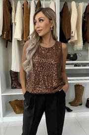 Zenya Sequin Leopard Sleeveless Blouse Top-Rust